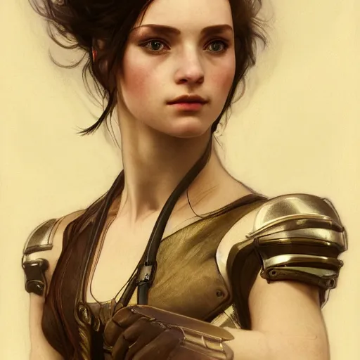 Image similar to portrait of a 2200s young female steampunk fighter, futuristic, headshot, hyper realistic, pale skin, 4k, rule of thirds, extreme detail, detailed drawing, trending artstation, hd, fantasy, D&D, realistic lighting, by Alphonse Mucha, Greg Rutkowski, sharp focus, backlit, elegant