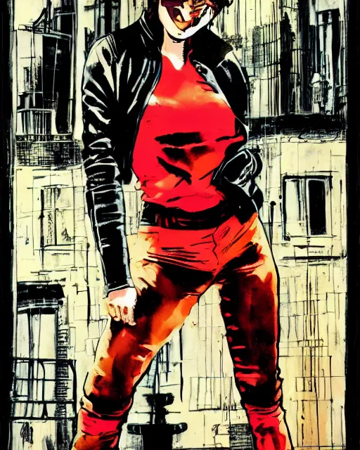 Prompt: young female protagonist in leather jacket, city street, artwork by frank miller