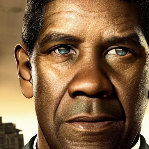 Prompt: Denzel Washington in fallout new vegas, movie still, face close-up, in color, detailed face, 4k