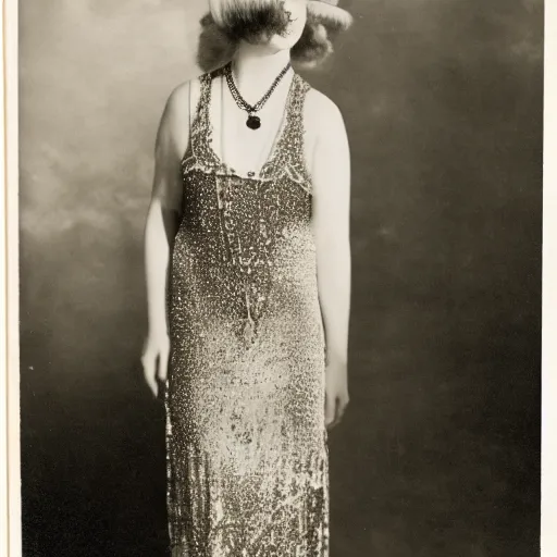 Prompt: a sheep in a 1 9 2 0 s evening gown, color photo