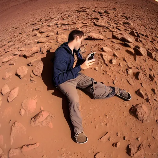 Image similar to a man taking a selfie on mars, 4 k, high detail, high - resolution photograph, professional photography, ultra - detail