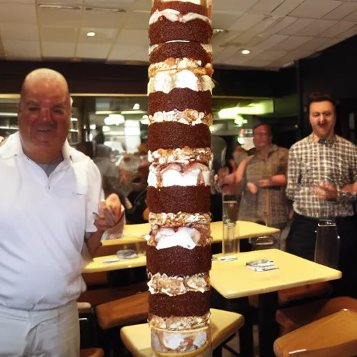 Prompt: 6 ft tall parfait in restaurant, surrounded by customers, flash photography