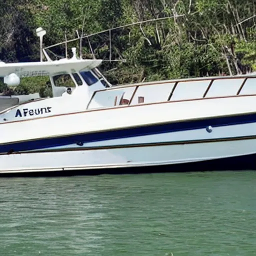 Prompt: a boat with the name financial mistake on the back