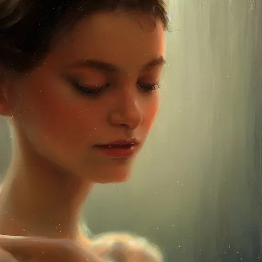 Prompt: beautiful aesthetic inspirational digital oil painting of a close - up ballerina, by greg rutkowski, ultra detailed, fine details, trending on artstation, volumetric light.