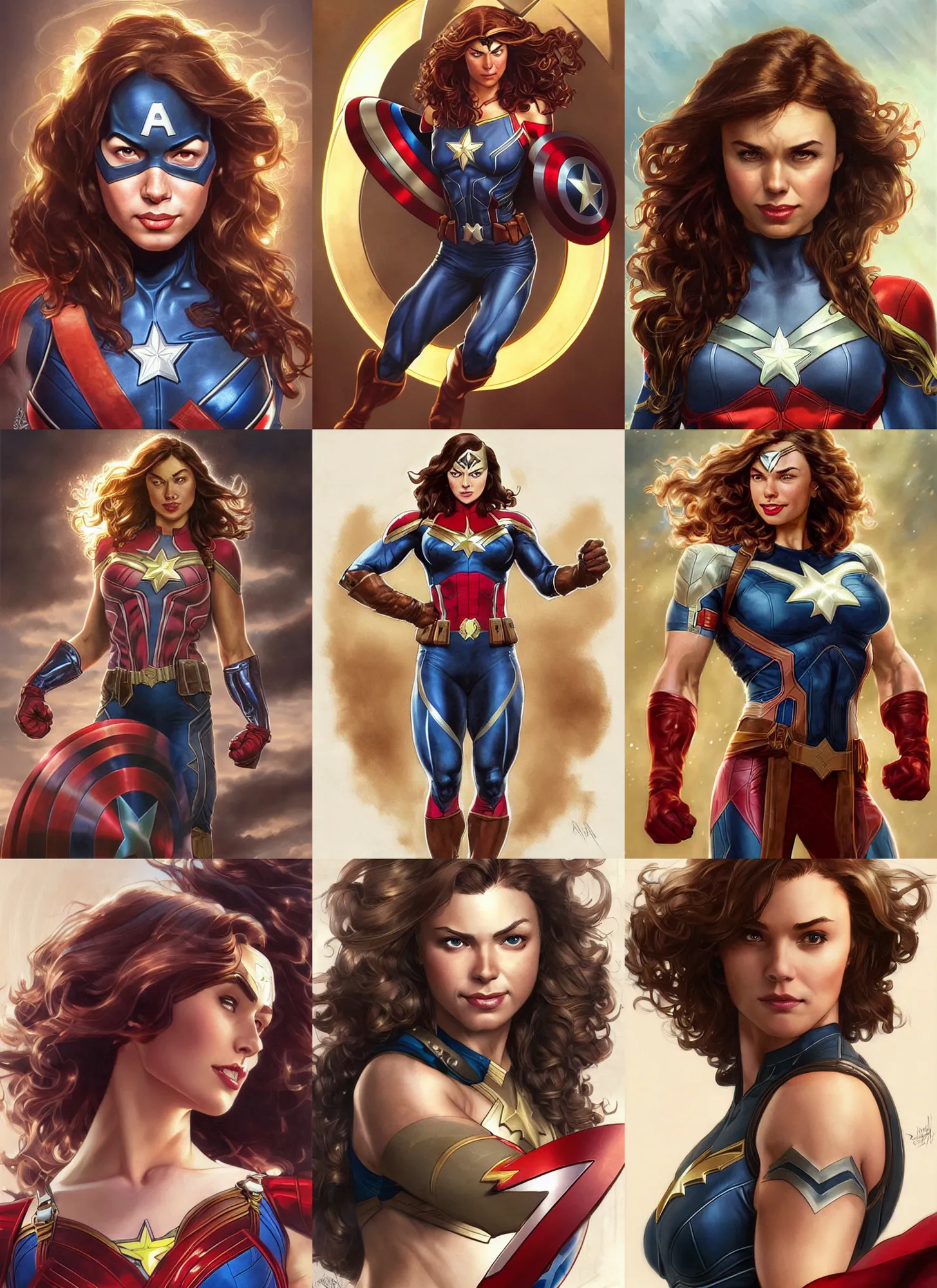 Prompt: a muscled april with a mischievous face and light brown curly wavy hair dressed as captain america, batman, the flash, captain marvel, wonder woman, a superhero. beautiful detailed face. by artgerm and greg rutkowski and alphonse mucha
