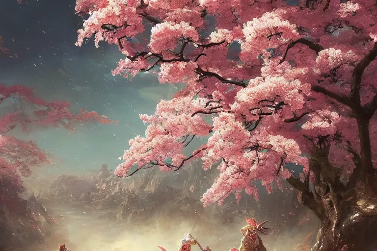 Prompt: a beautiful picture of sakura in full bloom, palace ， aliens brainsuckers fighting samurais, by greg rutkowski and thomas kinkade, trending on artstation