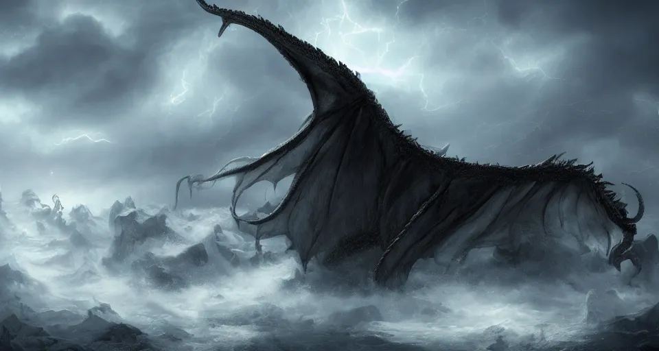 Image similar to lovecraftian eldritch!! dragon!! wrapped in clouds on a black desert, snowy, windy, by eugene von guerard, ivan shishkin, night, lightning!!, storm!, dramatic lighting, concept art, trending on artstation, 8 k