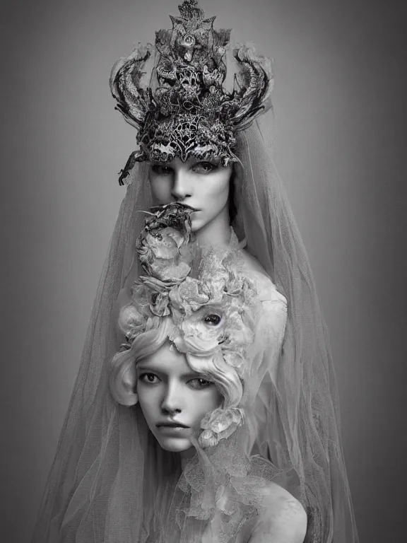 Image similar to a 65mm fashion headshot portrait of a catholic veiled Princess who has rococo dramatic headdress with roses,with symmetry intricate detailed,by Virginie Ropars and Nekro and peter gric and aaron horkey and Billelis, ,William Holman,GUCCI,DIOR,trending on pinterest,hyperreal,jewelry,gold,maximalist