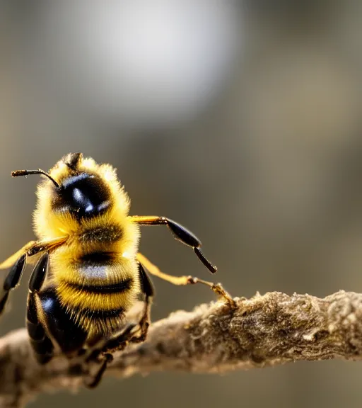 Prompt: super macro photo of a bee made of gold on a flower in a forest. dof. bokeh. magical atmosphere. art by greg rutkowski. lifelike. very detailed 8 k. intricate. soft light. nikon d 8 5 0.