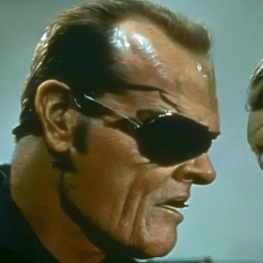 Image similar to Jack Nicholson plays Terminator, epic scene where his inner endoskeleton gets exposed