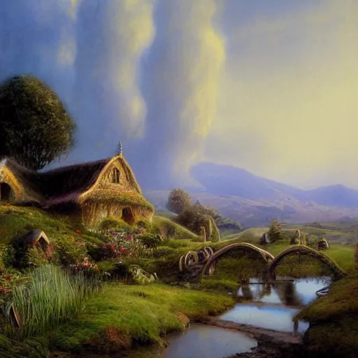 Image similar to beautiful serene hobbiton, by alan lee, lord of the rings, smooth, detailed terrain, oil painting, matte painting, concept art, trending on artstation