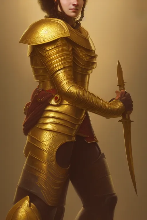 Image similar to a portrait of a warrior with golden armor, illustration, soft lighting, soft details, painting oil on canvas by Edmund Blair Leighton and Charlie Bowater octane render trending on artstation d&d characters, 4k, 8k, HD