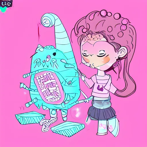 Prompt: cute pink ice cream monster practising self care, intricate artwork, uwu anime, digital painting, beautiful