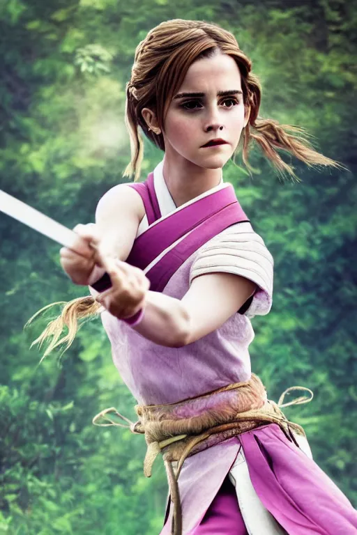 Image similar to highly detailed beautiful photo of emma watson as a young female samurai, practising sword stances, symmetrical face, beautiful eyes, pink hair, realistic anime art style, 8 k, award winning photo, pastels colours, action photography, 1 / 1 2 5 shutter speed, sunrise lighting