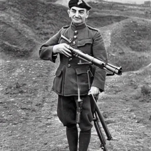 Image similar to old wartime photograph of mr bean holding a lewis gun, 1 9 1 7