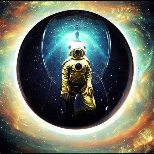 Image similar to ”ancient astronaut in a bubble floating into a mysterious vortex in a strange galaxy, [epic, aweinspiring, otherwordly, detailed, realistic]”