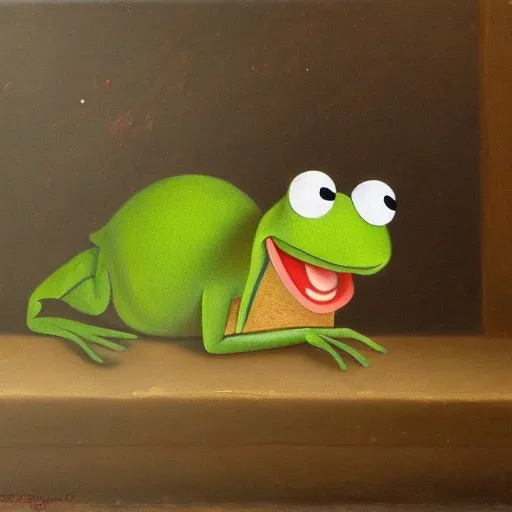 Image similar to photorealistic kermit the frog in an 1 8 5 5 painting by elisabeth jerichau - baumann. painting, oil on canvas