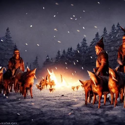 Image similar to the slaughtering of 1 0 0 0 pigs by horrible viking men dressed in wolves clothing. in wintertime. in the moonlight. hyper realistic 8 k render.