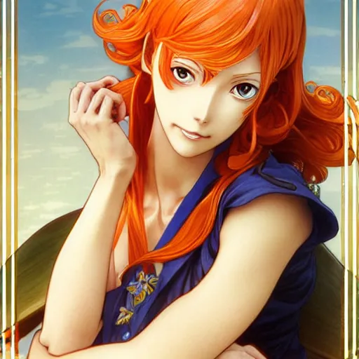 Image similar to intricately detailed vfx portrait of nami from one piece by eiichiro oda, makoto shinkai, alphonse mucha, art by artgerm and greg rutkowski, best of behance, concept art, matte, sharp focus, orange hair, elegant, adolphe bouguereau, annie leibovitz, stanley kubrick,