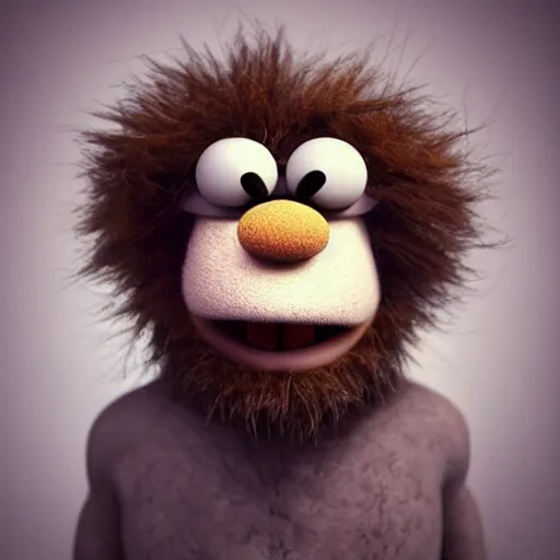 Image similar to a still of a forgotten muppet character looking very manly and modern, hilarious, laughing, hairy chest, huge chin, manly monster tough guy, roughled fur, photo real, photographic, photograph, artstation, trending, featured