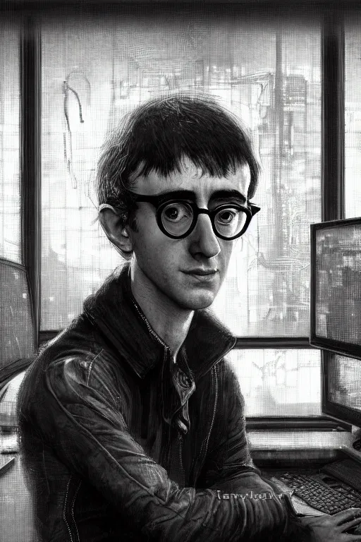 Prompt: hyperrealist cyberpunk portrait of a young ducktail bearded middle eartern woody allen, it is decorated with long computer wires and computer monitors in the cyberpunk office background. by jeremy mann and alphonse mucha, fantasy art, photo realistic, dynamic lighting, artstation, poster, volumetric lighting, very detailed faces, 4 k, award winning