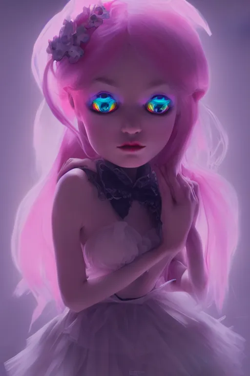 Image similar to super cute Bioluminescent gothic lolita character concept, soft light, soft mood, realistic body features and face, illustration, painting oil on canvas by Elena Zhurikhina and Goro Fujita and Charlie Bowater, octane render trending on artstation, 4k, 8k, HD