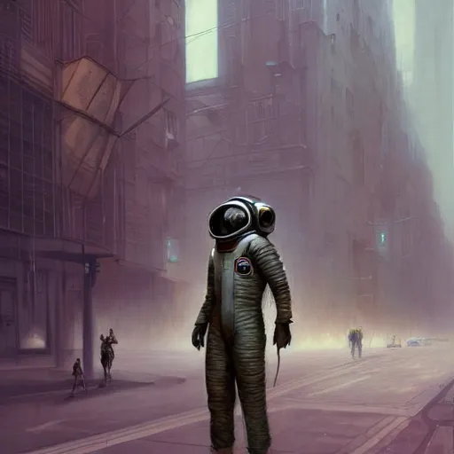 Image similar to a concept art portrait of masked diesel punk astronaut on the art deco streets of the big city, artstation, award - winning realistic sci - fi concept art by jim burns and greg rutkowski, beksinski, a realism masterpiece, muted color palette, james gilleard, bruegel, alphonse mucha, and yoshitaka amano