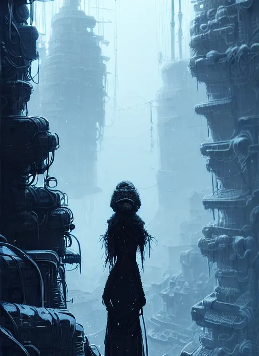 Prompt: highly detailed portrait of a frostpunk long curly white hair tribal lady, stray wiring by atey ghailan, james gilleard, by joe fenton, by greg rutkowski, by greg tocchini, by kaethe butcher, 4 k resolution, gradient blue, black and white color scheme!!! ( ( glaciated robotic dystopian city background ) )