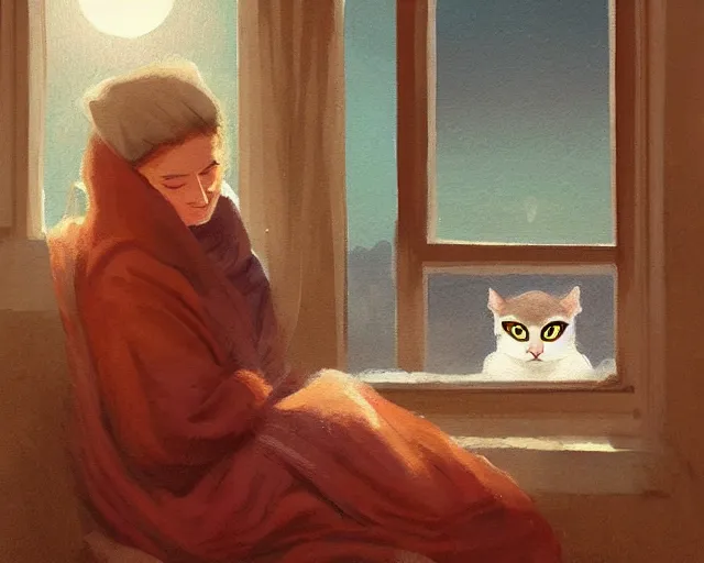 Prompt: a beautiful warm fuzzy painting of a woman curled up with a blanket reading a good book next to her friendly cat who is purring with eyes closed. they are both sitting next to a window as the sun sets in winter, by greg rutkowski, trending on artstation, concept art, lofi, digital illustration