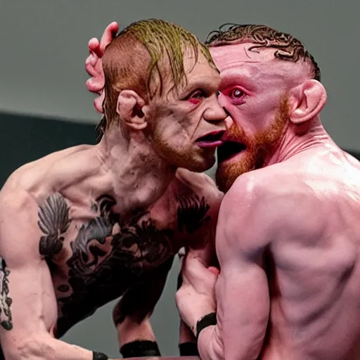 Image similar to gollum smeagol wrestling with conor mcgregor, ultra detailed, ultra realistic