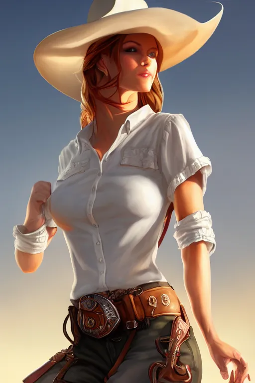 Image similar to full body, female cowgirl, perfect face, white blouse, holster, 8 k, magic the gathering, desert, d & d, artstation, high detail, smooth, sweaty