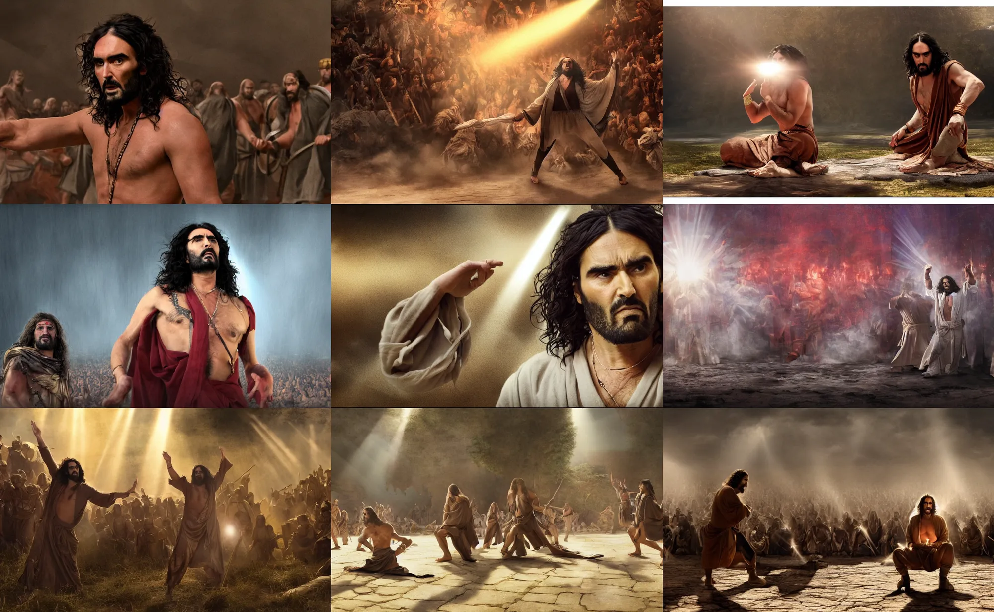 Prompt: cinematic artwork of russell brand in a robe meditating while warriors fight in a battle by greg rutowski, 4 k, sun rays, masterpiece