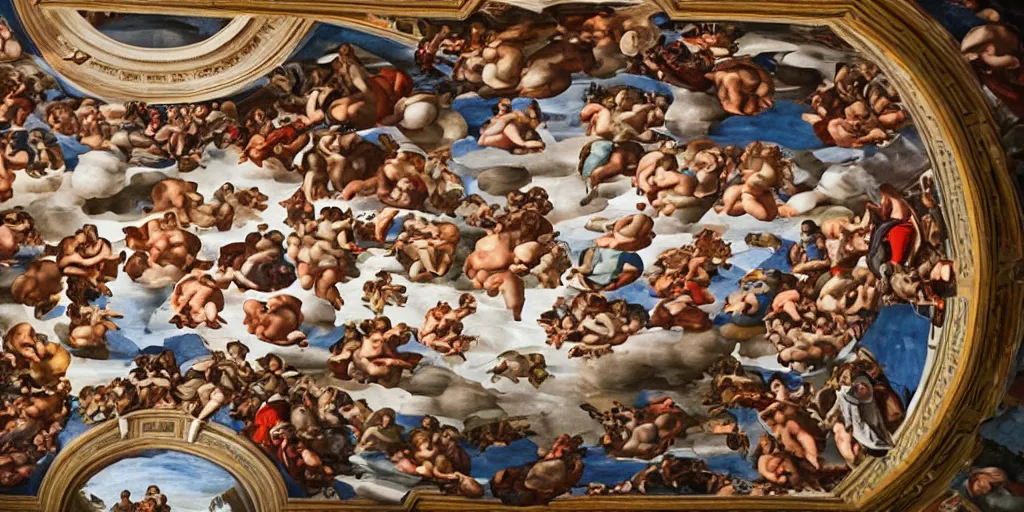 Image similar to a man drinking beer and watching soccer on the television - painted fresco on the ceiling of the cistine chapel