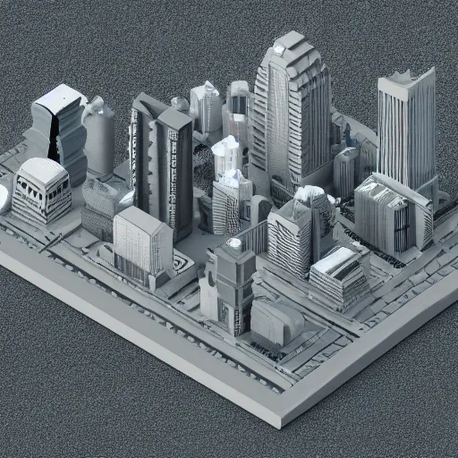 Image similar to an isometric overview Blender 3D model of a metropolis with a river in the middle, 3D grey buildings, octane render