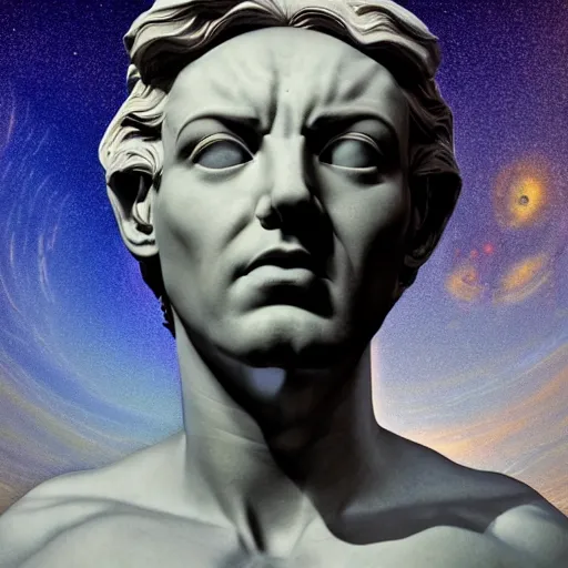 Prompt: 3 d sci - fi cgartist rendering of a hyper realistic marble greek statuary bust floating in space, at the vast pulsating interdimensional fractal space portal at the psychedelic vaporwave event horizon by chris moore, by edward hopper, by col price, trending on artstation
