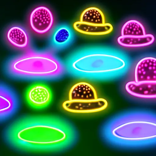 Image similar to glowing neon mushrooms and blue frogs with glowing eggs, hyper realistic