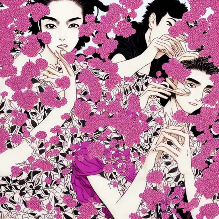 Image similar to fragrance advertising campaign by hirohiko araki, highly detailed, intricate, very beautiful