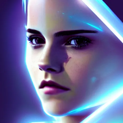 Image similar to Emma Watson, head and shoulders portrait, the background is a huge futuristic city, cyberpunk style futuristic neon lights, artstation cgsociety masterpiece highly-detailed