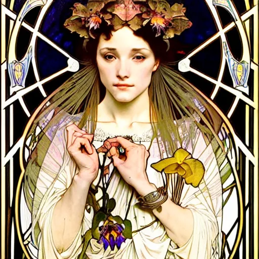 Prompt: realistic detailed face portrait of a beautiful young medieval queen of orchids by alphonse mucha, ayami kojima, amano, greg hildebrandt, and mark brooks, art nouveau, neo - gothic, gothic