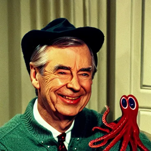 Image similar to mr. rogers wearing a cursed octopus as a hat, darkly lit horror photo