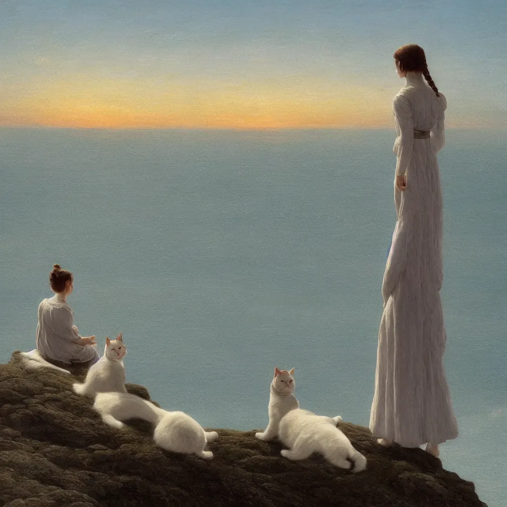 Image similar to an android girl with a white cat by caspar david friedrich, in the sunset ， sitting on the edge of a cliff ， look at the sea ， hyperrealistic, clean, pure, elegant, highly detailed, digital painting, artstation, concept art, smooth, sharp focus, illustration,