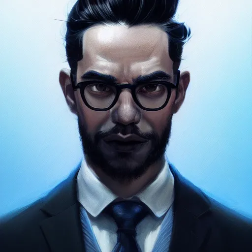 Image similar to an insanely detailed portrait of a man face in hands, stylish black hair, depressing sterile corporate office background, blue shade in the style of peter mohrbacher, artgerm, dramatic lighting and composition, octane render, trending on artstation, concept art