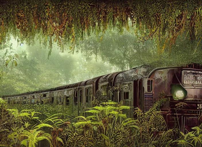 Prompt: a matte painting of an overgrown ruined train interior by aaron horkey and adam paquette, overgrown with lush bushes, verdant flowers and tall grass, detailed