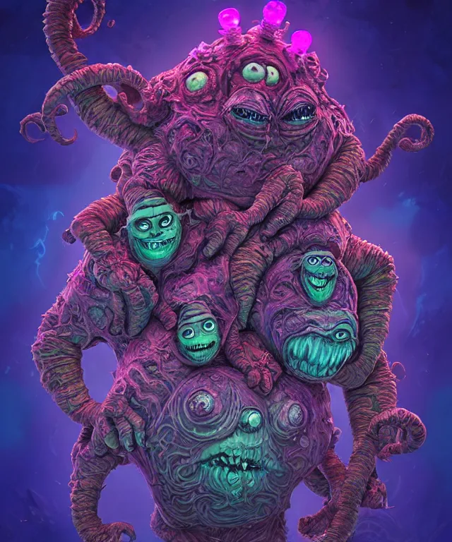 Image similar to a two headed xanathar made of bioluminescence in the art style of monsters inc, crisp 8 k line art, digital painting, artstation, unreal engine, octane render, emissive lighting, concept art, matte, sharp focus, hyper realistic lighting, illustration, deep royal blue and pink color scheme, art by philippe druillet