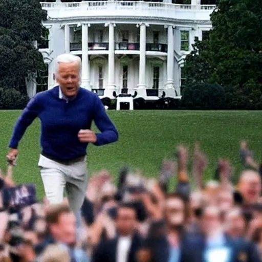 Prompt: detailed Joe Biden running away from a missile strike in the front yard of the White House, big explosion behind him, people running behind him out of focus, chaotic scene