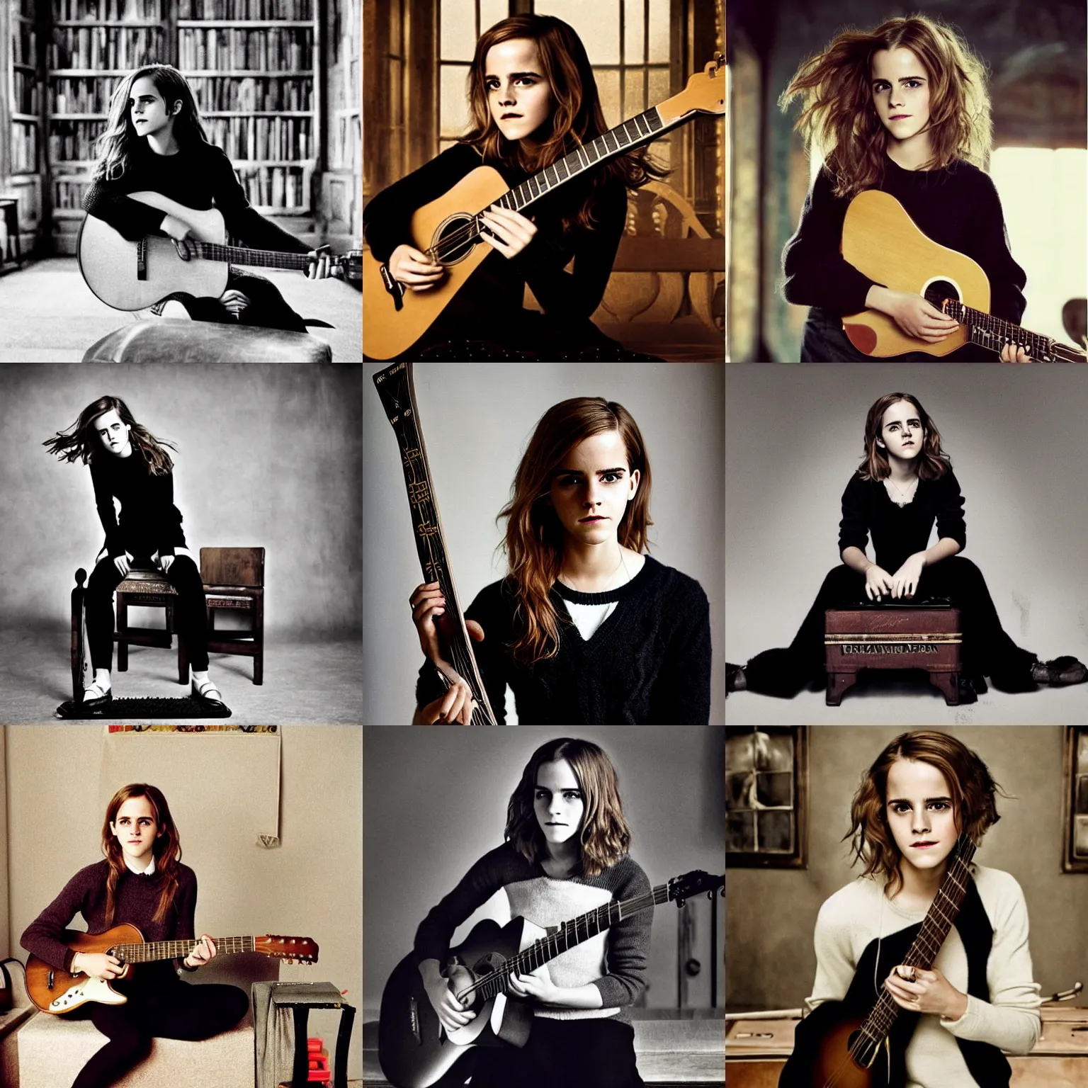 Prompt: Emma Watson/Hermione Granger wearing a black sweater, playing a guitar, in the Gryffindor common room, portrait photo by Annie Leibovitz