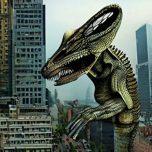 Image similar to huge mechanical reptilian destroying a city