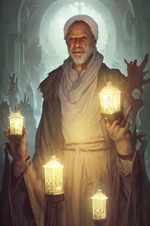 Image similar to male senior cleric holding a lantern surrounded by zombies, highly detailed, digital painting, artstation, concept art, smooth, sharp focus, illustration, art by artgerm and greg rutkowski and alphonse mucha and andrei riabovitchev