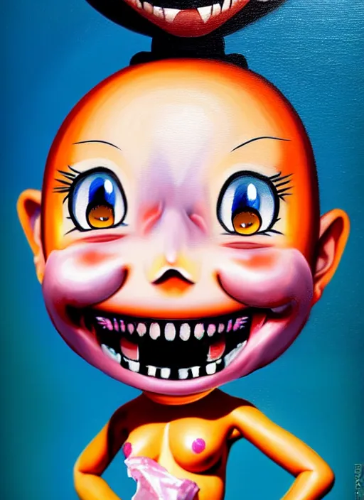 Prompt: a hyperrealistic oil painting of a kawaii anime girl figurine caricature with a big dumb grin featured on nickelodeon by dave mckean in the style of madballs
