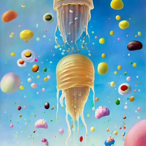 Image similar to Giant ice cream jellyfish, jellybeans, flowers, and mushrooms fly through the air, as a tornado approaches, by Takashi Murakami, Edward Hopper, Bo Bartlett, and Cynthia Sheppard, Artstation